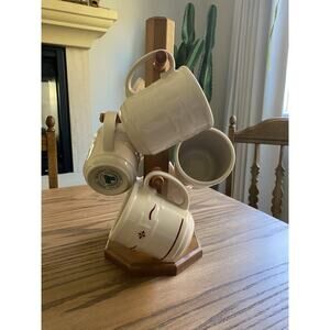Vintage Longaberger Pottery Mugs Ivory Woven Traditions Set Of 6 With Mug Tree